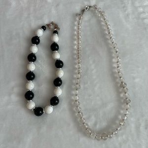 Lot of 2 Vintage beaded necklaces. Black & white & clear beads